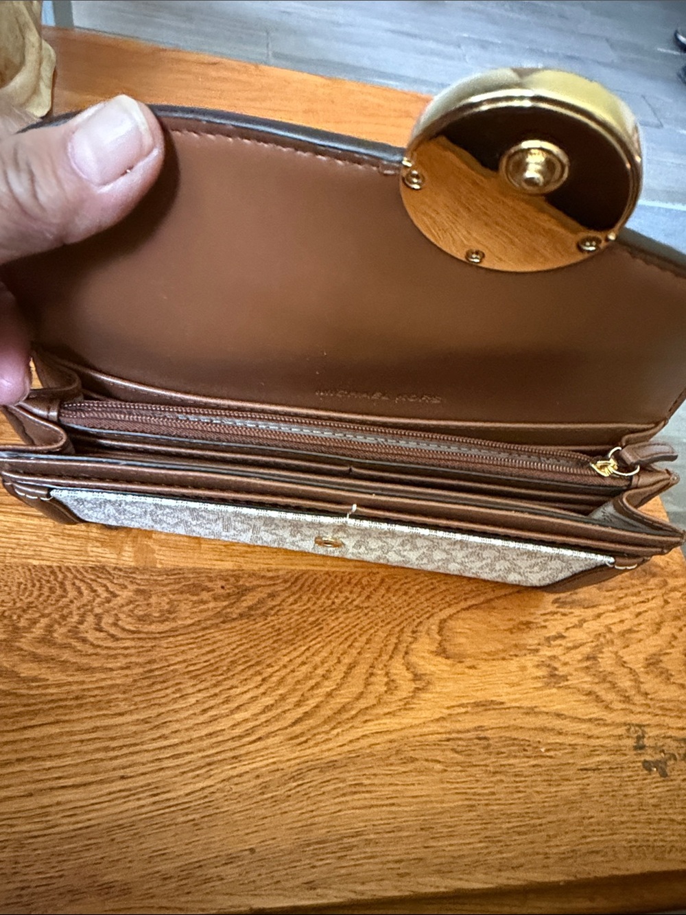 Michael Kors Tan & Beige MK Logo Continental Wallet with Gold Accent - Picture 4 of 6